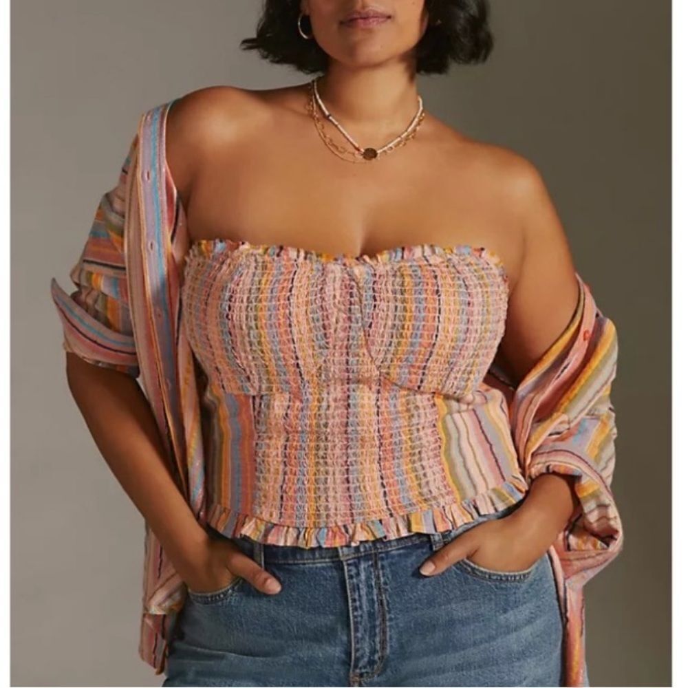 NWT Anthropologie Rainbow Smocked Top Large Peach Multi Metallic Bustier